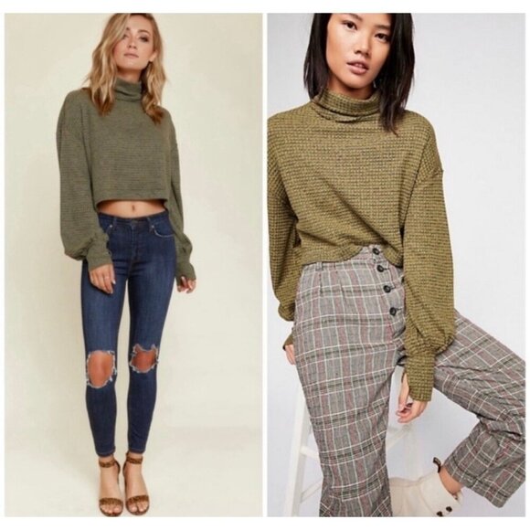 Free People Waffle Knit Cropped Top Women Small Green Oversized Lagenlook Boho - Picture 1 of 12